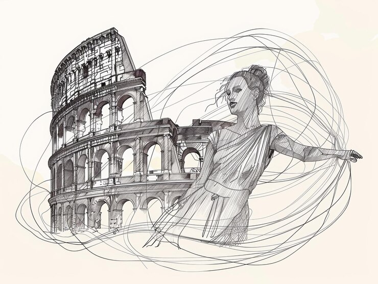 Foto desenho a tinta do icônico coliseu em roma, itália, com um redemoinho