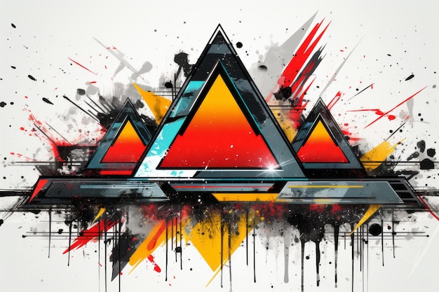 desenho abstrato com três triângulos e respingos de tinta em um fundo branco