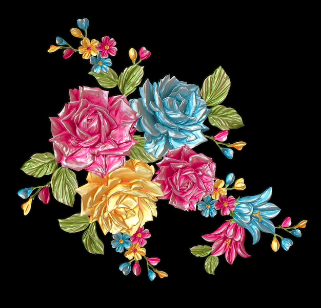 Desenho abstrato de flores metálicas com fundo preto Pintura digital de flores Flores decorativas