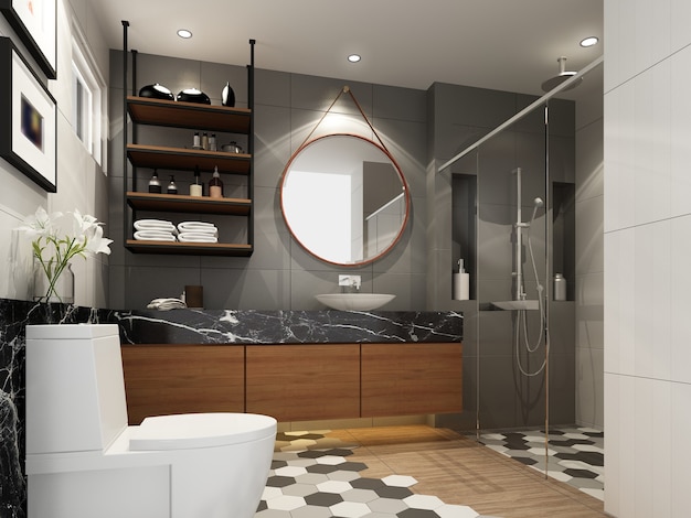 Desenho abstrato do banheiro interior, renderização em 3D
