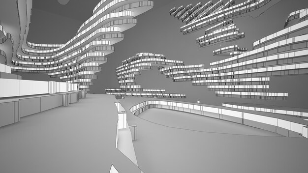 Desenho abstrato espaço público multinível interior branco com ilustração 3D de janela e renderização