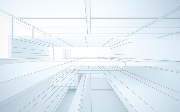 Desenho abstrato espaço público multinível interior branco com janela. Desenho de polígono preto. 3D