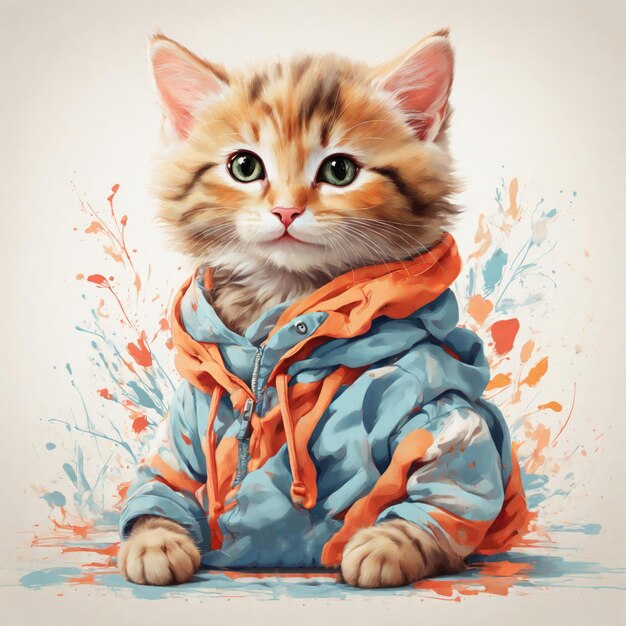 Desenho adorável de um gato bonito T-shirt retro pintura de estilo artístico em fundo branco