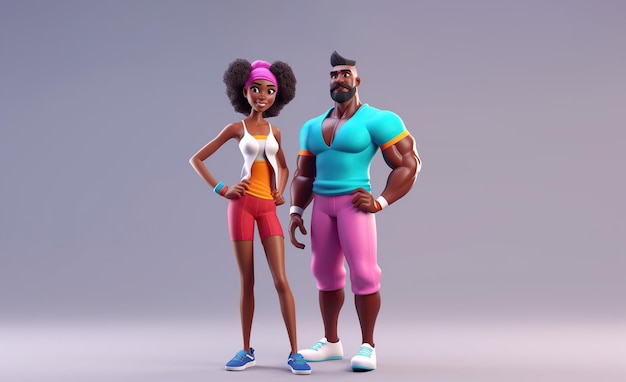 Foto desenho animado 3d bonito casal multiétnico atletas homem e mulher ajustam pessoas em roupas esportivas