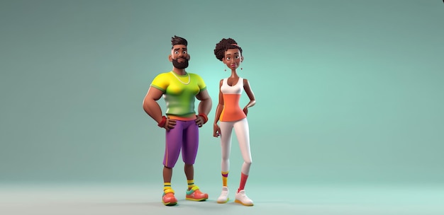 Desenho animado 3D bonito casal multiétnico atletas Homem e mulher ajustam pessoas em roupas esportivas