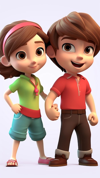 Foto desenho animado 3d de casal de crianças felizes em fundo branco