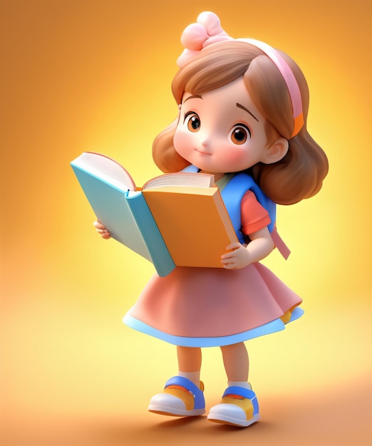 Foto desenho animado 3d de uma menina bonita com um livro