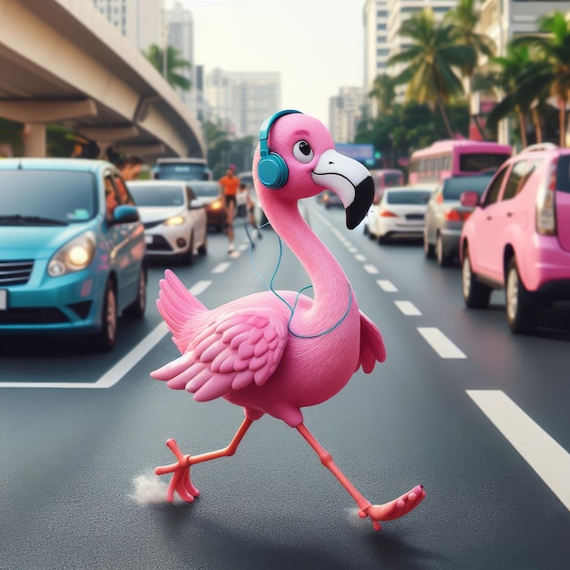 desenho animado 3D flamingo rosa em fones de ouvido azuis atravessa a estrada imagem abstrata