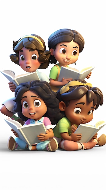 Foto desenho animado 3d grupo de crianças lendo um livro