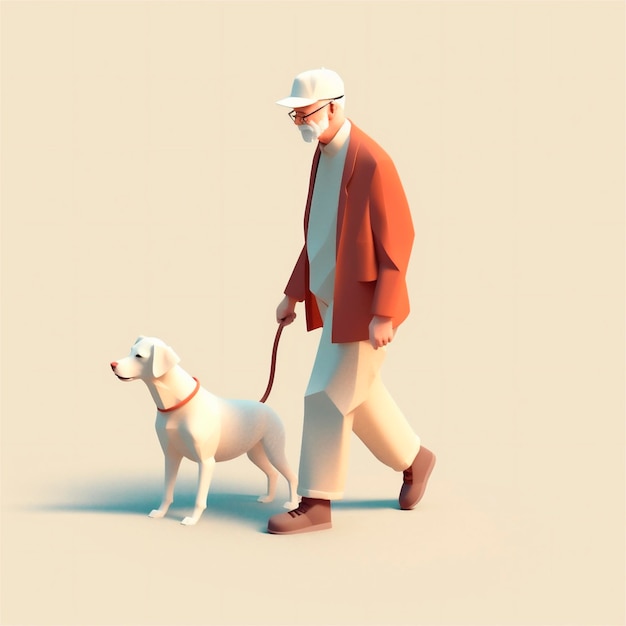 Desenho animado 3D ilustração estilizada de homem idoso andando com cão-guia gerado por IA