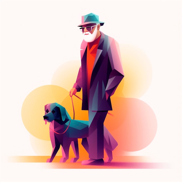 Desenho animado 3D ilustração estilizada de homem idoso andando com cão-guia gerado por IA