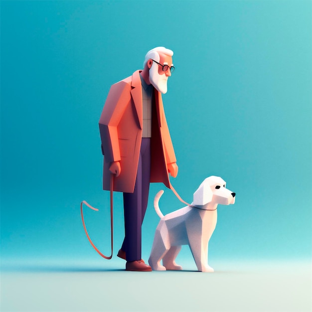 Desenho animado 3D ilustração estilizada de homem idoso andando com cão-guia gerado por IA