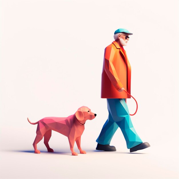 Desenho animado 3D ilustração estilizada de homem idoso andando com cão-guia gerado por IA