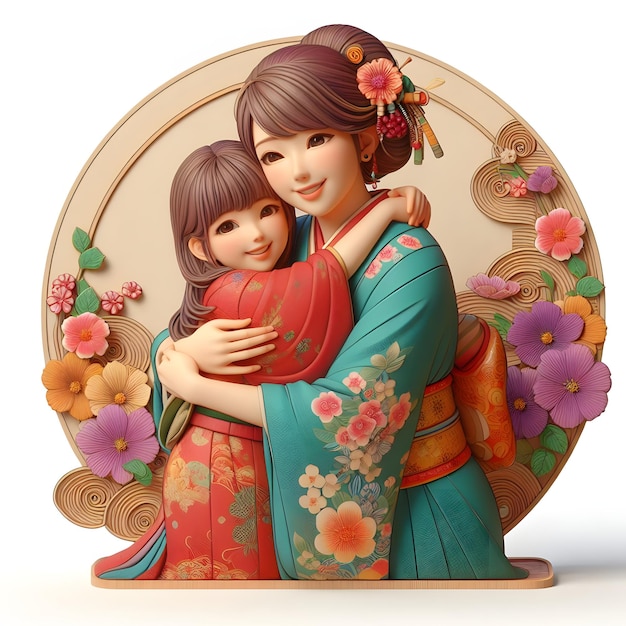 desenho animado 3D Mãe e filha abraçando-se no Dia da Mãe