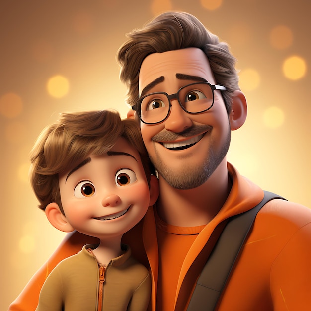 desenho animado 3D pai feliz segurando seu filho