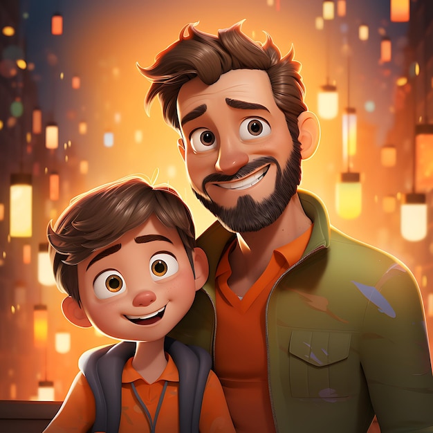 desenho animado 3D pai feliz segurando seu filho