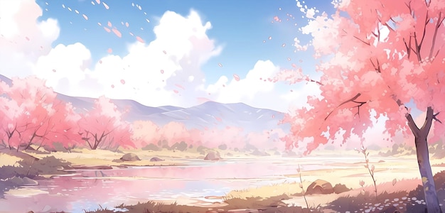 desenho animado à mão bela flor de cerejeira ilustração de paisagem