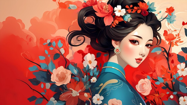 Desenho animado à mão bela ilustração de uma menina em traje chinês antigo entre flores