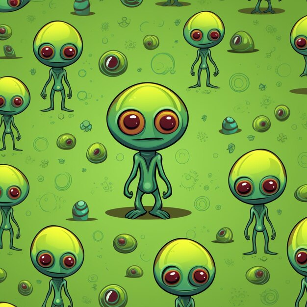 Foto desenho animado alienígena fundo sem costura com muitos rostos alienígenas diferentes generativo ai