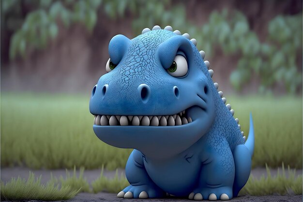 Desenho Animado Azul Brincalhão do Tiranossauro Rex - Renderização em 3D - IA Generativa