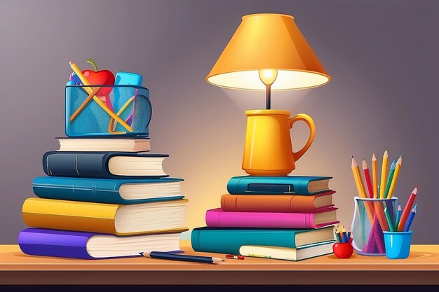 Desenho animado Back to school banner com suprimentos escolares livros empilhados na mesa com caneca de lâmpada de mesa Ilustração vetorial isolada em fundo branco Conceito de aprendizagem e educação de lição de casa