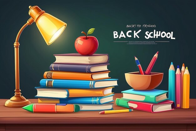 Desenho animado Back to school banner com suprimentos escolares livros empilhados na mesa com caneca de lâmpada de mesa Ilustração vetorial isolada em fundo branco Conceito de aprendizagem e educação de lição de casa
