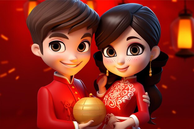 desenho animado bonito casal chinês segurando