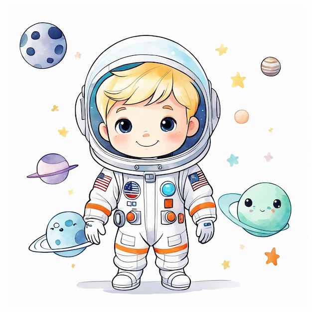 desenho animado bonito de um menino vestindo um fato de astronauta