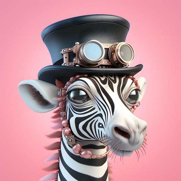 desenho animado bonito de zebra 3d de corpo inteiro com chapéu steampunk google glass