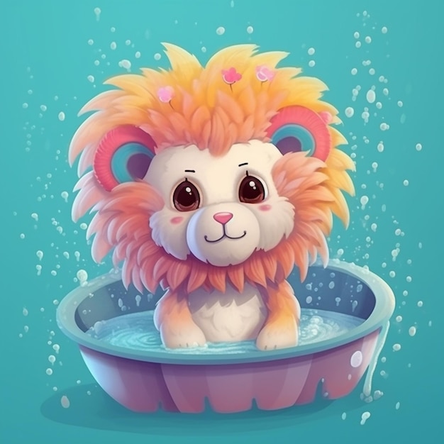 desenho animado bonito e adorável leão fofo waterboom surreal
