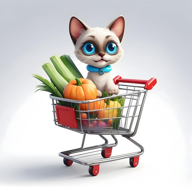 desenho animado bonito Gato com carrinho de compras Comprador de supermercados felino Gato empurrando carrinho Kitty fazendo compras