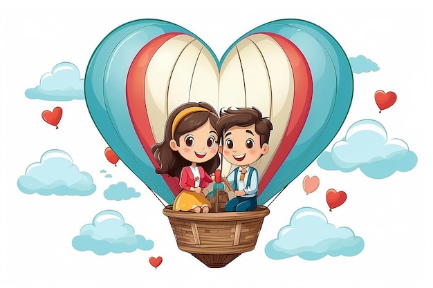 desenho animado casal feliz em balão de ar quente em forma de coração sobre fundo branco ilustração vetorial