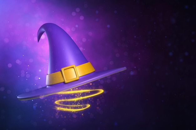 Foto desenho animado chapéu de bruxa engraçado com brilho mágico efeito brilhante ilustração 3d