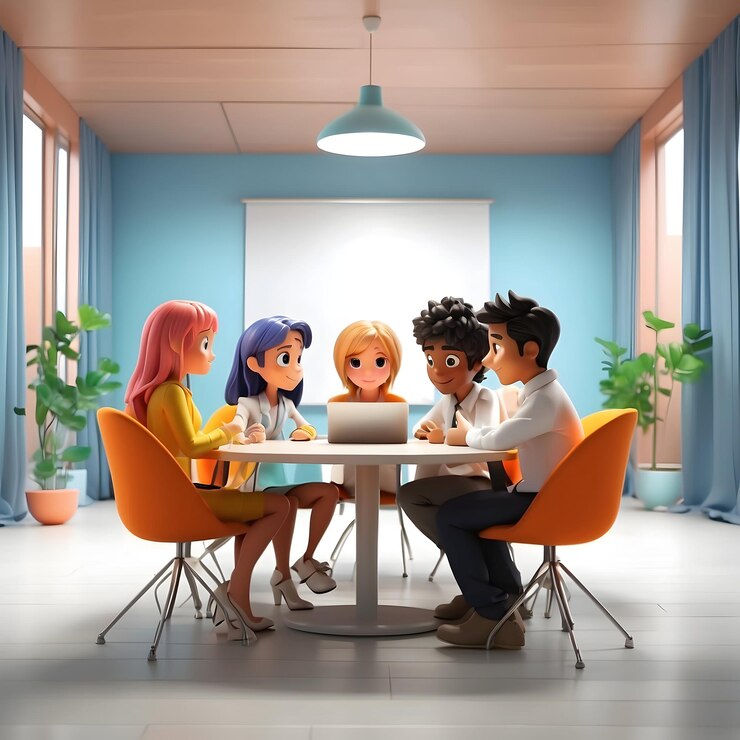 Foto desenho animado com ilustração de reunião cena de discussão de negócios escritório reunião equipe de desenho animado colaboração