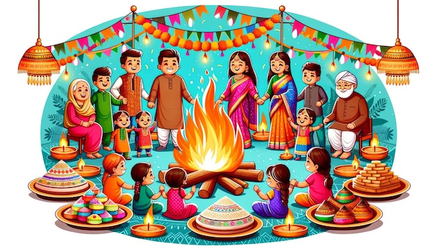 Desenho animado da celebração da fogueira de Holika Dahan