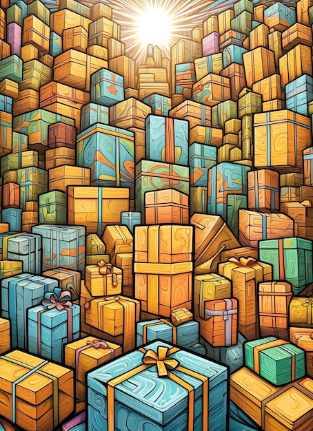 Desenho animado de centenas de caixas de presentes empilhadas de muitas cores