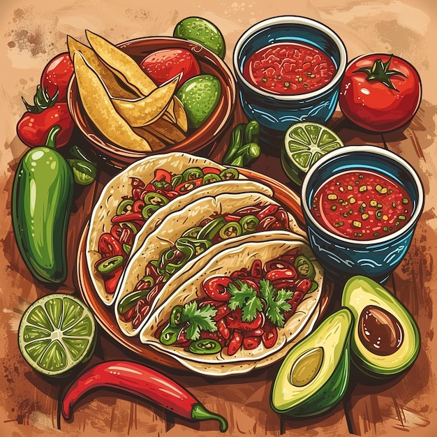 desenho animado de comida mexicana em estilo cartaz v 6 Job ID a0a2f3c739dc4ba2a86a0c155cdfe2dd