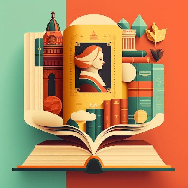 Desenho animado de design plano Ilustração do Dia Mundial do Livro Livro aberto com histórias saindo das páginas geradas por IA