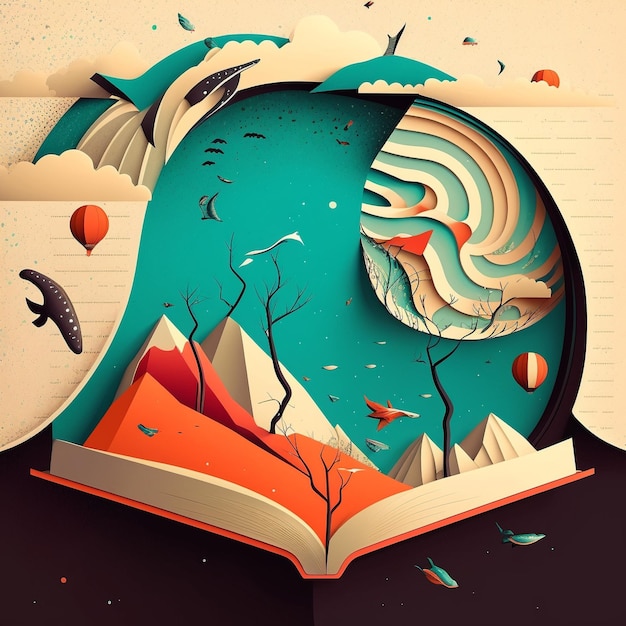 Desenho animado de design plano ilustração do dia mundial do livro livro aberto com histórias saindo das páginas geradas por ia