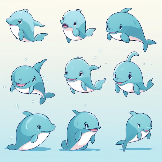 Foto desenho animado de golfinho com várias expressões generativas ai