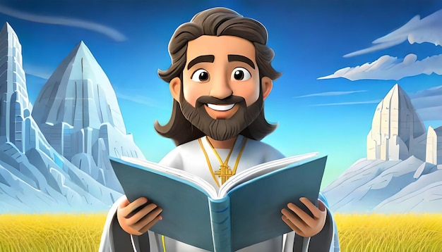 Foto desenho animado de jesus cristo estilo de vida e livro de leitura