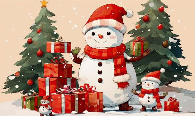 Desenho animado de Natal com boneco de neve