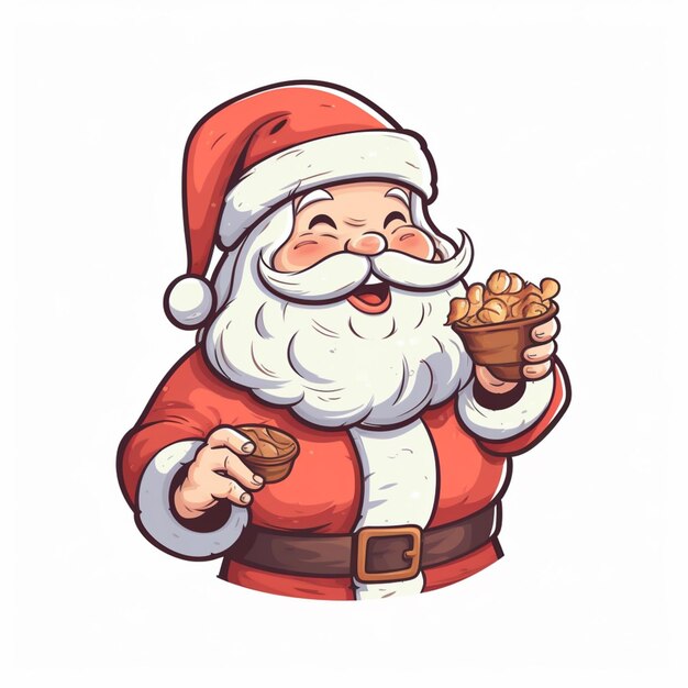 desenho animado de Papai Noel comendo um biscoito e segurando uma xícara de café