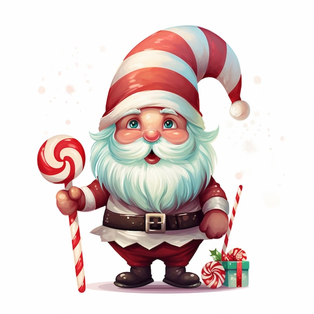 desenho animado de Papai Noel segurando uma bengala de doces e uma bengala de doces generativa ai