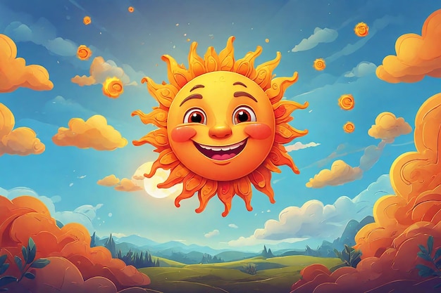 Desenho animado de sol sorridente com nuvens no céu ilustração vetorial