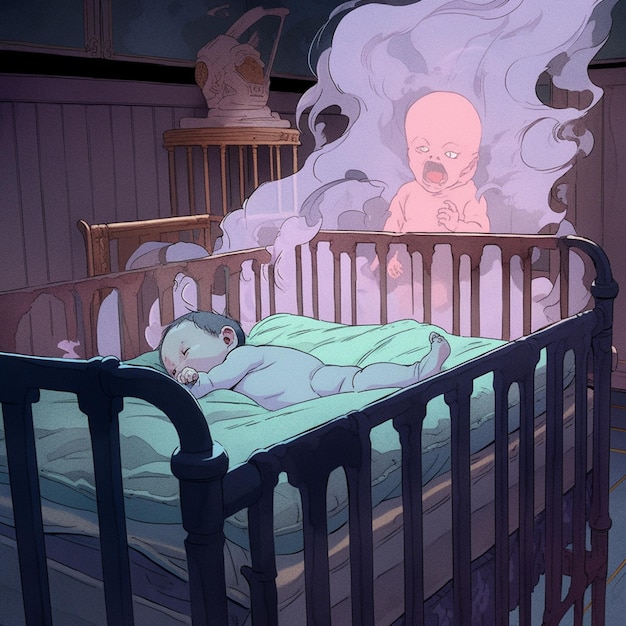 desenho animado de um bebê em um berço com um fantasma ao fundo IA generativa