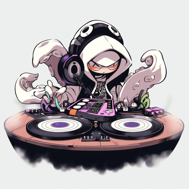 Foto desenho animado de um dj misturando música em uma mesa giratória com uma ia generativa de crânio