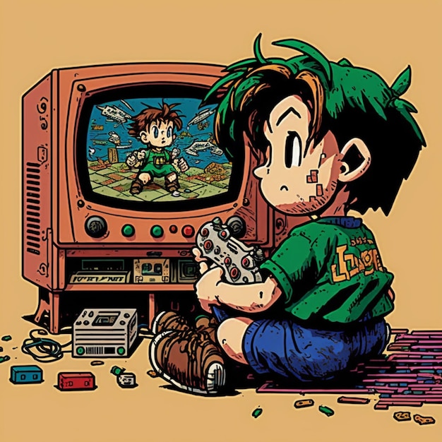 desenho animado de um menino sentado no chão jogando um videogame com IA generativa