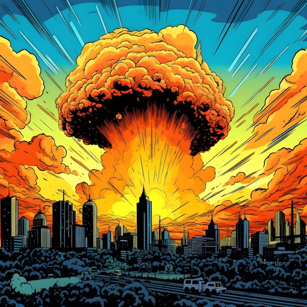 desenho animado de uma explosão nuclear com uma cidade ao fundo