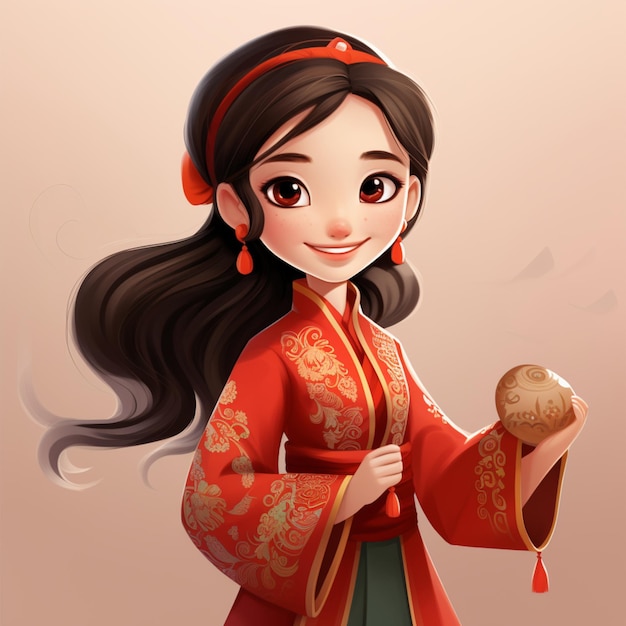 desenho animado de uma menina de vestido tradicional chinês sorrindo felizmente